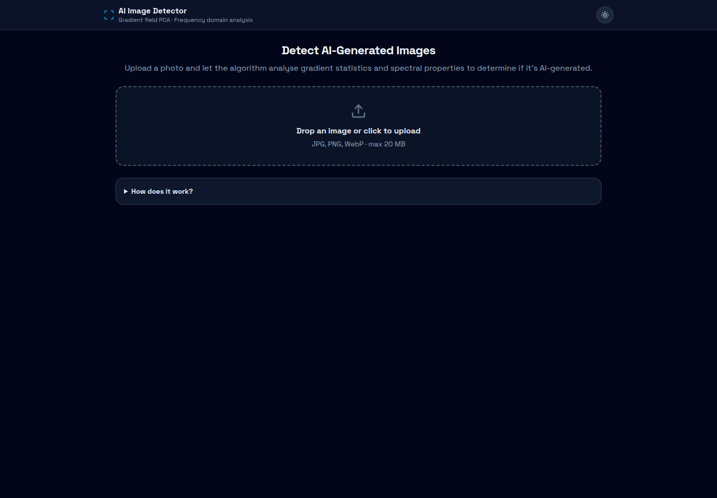 AI Image Detector upload and analysis landing screen