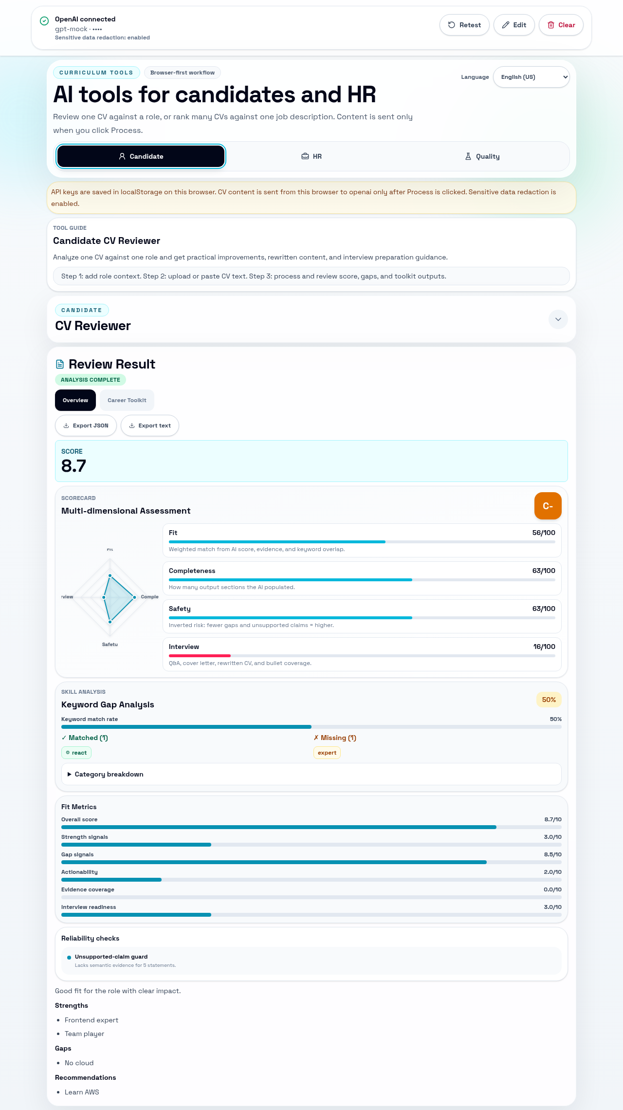 Candidate CV Reviewer — AI analysis of fit, strengths, and interview questions