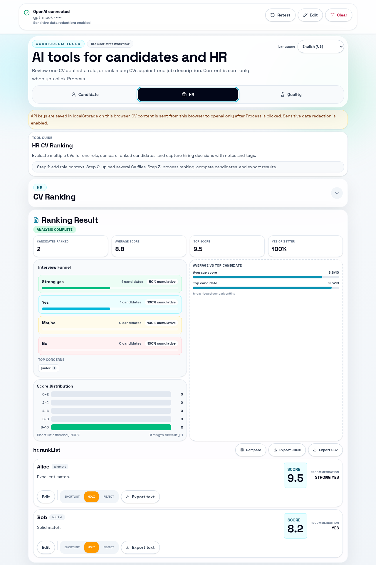 Curriculum Tools HR CV Ranking and Matrix dashboard