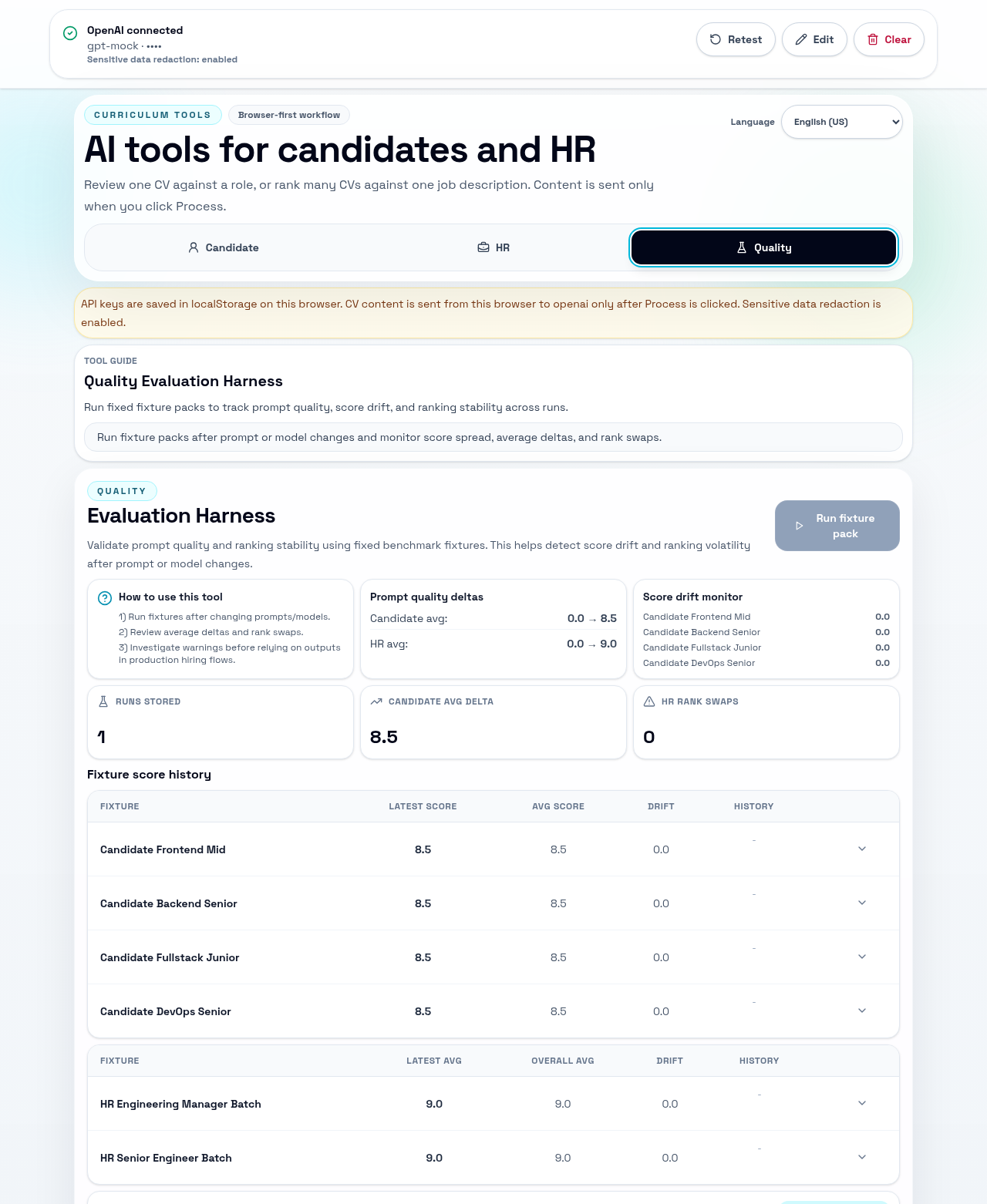 Quality Evaluation Harness — score drift and ranking stability monitoring across prompt and model changes