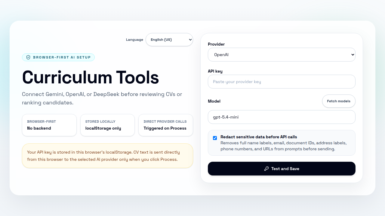 Provider setup screen — connect Gemini, OpenAI, or DeepSeek before using the tools